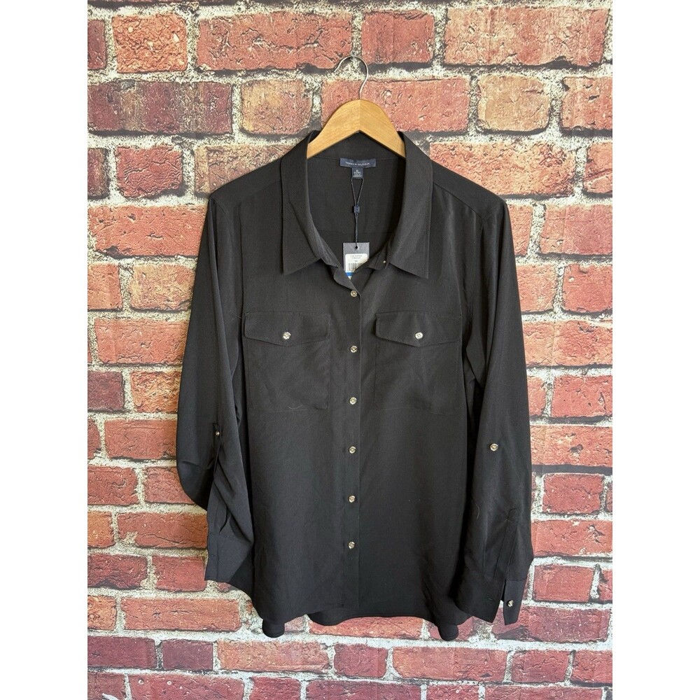 NWT Tommy Hilfiger Black Utility Button Front Blouse Gold Buttons Womens XL